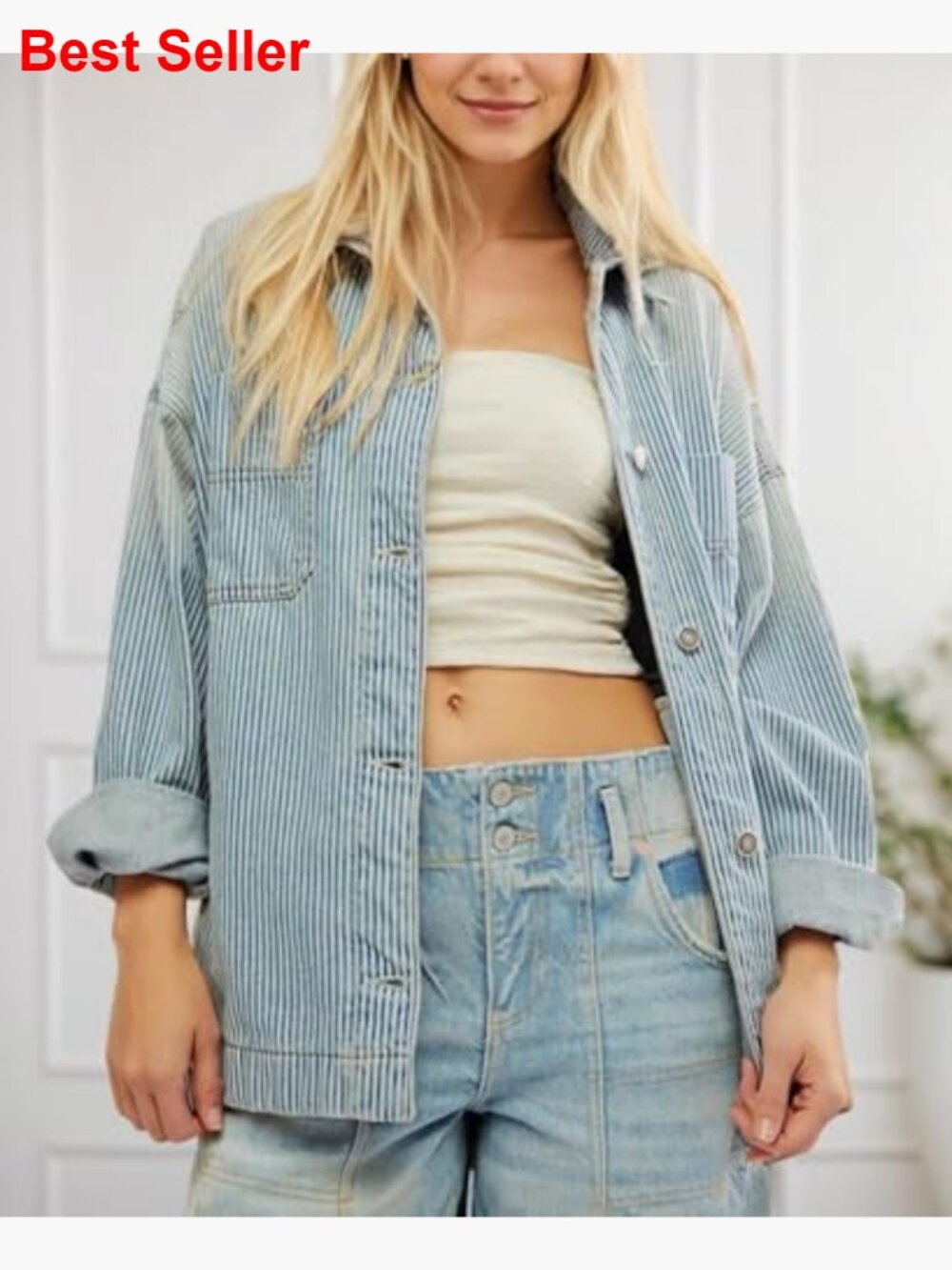 Striped Denim Jacket Casual Long Sleeve Boyfriend Coat with Pockets - Picture 6 of 7